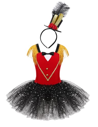 Kaerm Zirkus Kostüm Mädchen Kleid Kinder Akrobatik Anzug Pailletten Glitzer Ballettkleid Ärmellos Tanzkleid Tutu Mit Zylinder Haarreifen Outfit Rot 146-152 von Kaerm