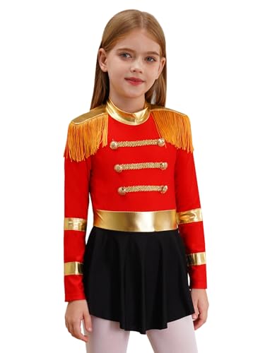 Kaerm Zirkusdirektor Kostüm Kinder Mädchen Tanzanzug Langarm Metallic Glitzer Tanzkleid Stehkragen Body Cut Out Trikot Fransen Quasten Trikotanzug Rot 146-152 von Kaerm