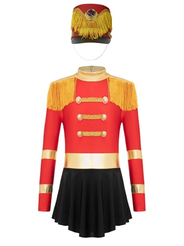 Kaerm Zirkusdirektorin Kostüm Kinder Mädchen Tanzanzug Langarm Metallic Glitzer Tanzkleid Fransen Quasten Body Mit Drummer Hut Cosplay Ouftit Rot A 110-116 von Kaerm