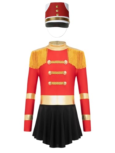 Kaerm Zirkusdirektorin Kostüm Kinder Mädchen Tanzanzug Langarm Metallic Glitzer Tanzkleid Fransen Quasten Body Mit Drummer Hut Cosplay Ouftit Rot B 110-116 von Kaerm