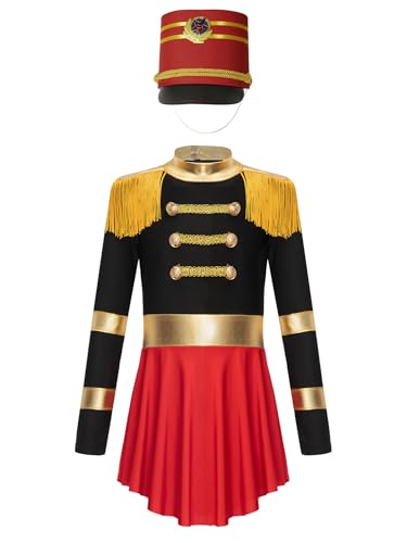 Kaerm Zirkusdirektorin Kostüm Kinder Mädchen Tanzanzug Langarm Metallic Glitzer Tanzkleid Fransen Quasten Body Mit Drummer Hut Cosplay Ouftit Schwarz A 110-116 von Kaerm