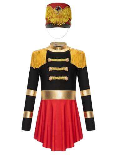 Kaerm Zirkusdirektorin Kostüm Kinder Mädchen Tanzanzug Langarm Metallic Glitzer Tanzkleid Fransen Quasten Body Mit Drummer Hut Cosplay Ouftit Schwarzes B 110-116 von Kaerm