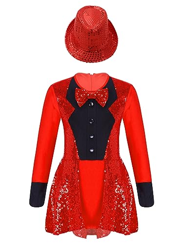 Kaerm Zirkusdirektorin Kostüm Kinder Mädchen Tanzkleid Pailletten Glitzer Overall Kurz Jumpsuit Langarm Tanzanzug Mit Fedora Hut Faschingkostüm Rot 122-128 von Kaerm