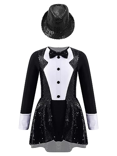 Kaerm Zirkusdirektorin Kostüm Kinder Mädchen Tanzkleid Pailletten Glitzer Overall Kurz Jumpsuit Langarm Tanzanzug Mit Fedora Hut Faschingkostüm Schwarz 134-140 von Kaerm