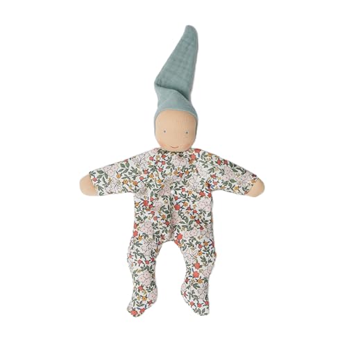 Käthe Kruse Schmusepuppe Nini Federleicht – Handgefertigte Waldorfpuppe mit Türkiser Zipfelmütze und Anzug mit Blumenprint, 23 cm, Bio-Baumwolle, ab 0 Monate von Käthe Kruse