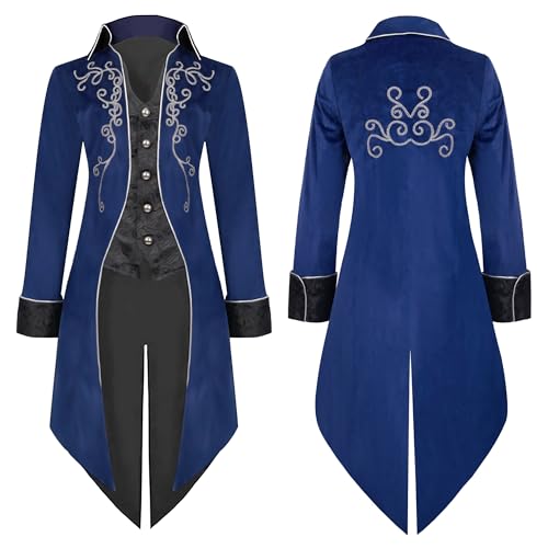 Kahbin Herren Steampunk-Jacke, mittelalterlicher Pirat, Wikinger, Frack, Gothic, viktorianischer Gehrock, Uniform, Halloween-Kostüm, Blau, 3XL von Kahbin