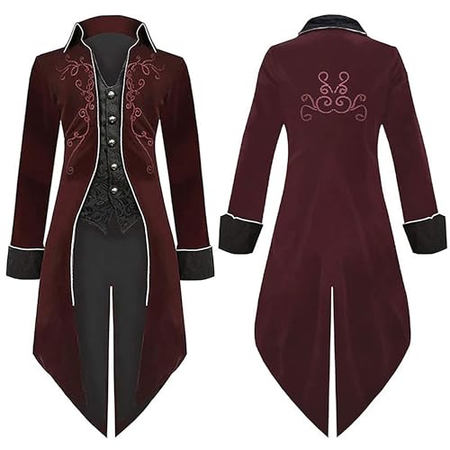 Kahbin Herren Steampunk-Jacke, mittelalterlicher Pirat, Wikinger, Frack, Gothic, viktorianischer Gehrock, Uniform, Halloween-Kostüm, Weinrot, L von Kahbin