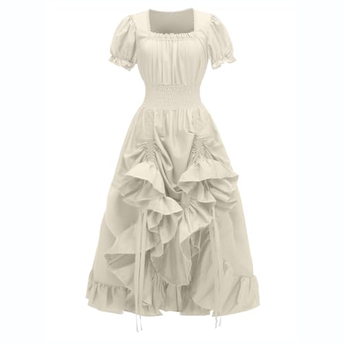 Kahbin Renaissance-Kleid für Damen, mittelalterliches Kostüm, Gothic, viktorianisches Kleid, quadratischer Ausschnitt, Rüschen, Hochzeitskleid, Beige, M von Kahbin