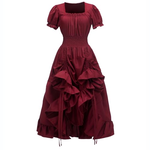 Kahbin Renaissance-Kleid für Damen, mittelalterliches Kostüm, Gothic, viktorianisches Kleid, quadratischer Ausschnitt, Rüschen, Hochzeitskleid, Burgunder, S von Kahbin