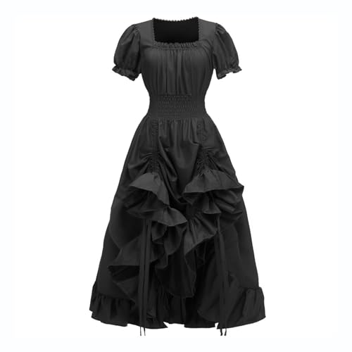 Kahbin Renaissance-Kleid für Damen, mittelalterliches Kostüm, Gothic, viktorianisches Kleid, quadratischer Ausschnitt, Rüschen, Hochzeitskleid, Schwarz, S von Kahbin