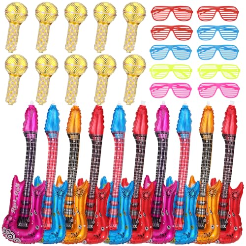 Kaisibum 30 Stück Aufblasbare Gitarre, Fotobox Accessories, Mikrofon Aufblasbar-Party-Dekorationsballon mit Farbigen Shading Gläser, Party-Requisiten für Kinder und Erwachsene, Party-Dekoration von Kaisibum