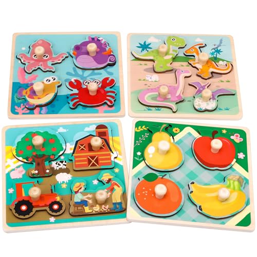 Kaisibum 4 Stück Holzpuzzles Puzzlespielzeug für Kinder 3-6 Jahr, Montessori Puzzle mit Griff Holz Puzzlespielzeug Bauernhoftieren Obst Cartoon Tiere Holzspielzeug Lernspielzeug für Junge,Mädchen von Kaisibum