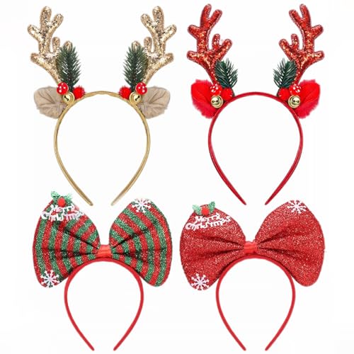 Kaisibum 4 Stück Weihnachts Stirnbänder Haarreif Weihnachten Für Erwachsene Kinder, Rentier Geweih Große Schleife Haarreif Glitzer Weihnachts Haarschmuck für Weihnachten Parteien Cosplay von Kaisibum