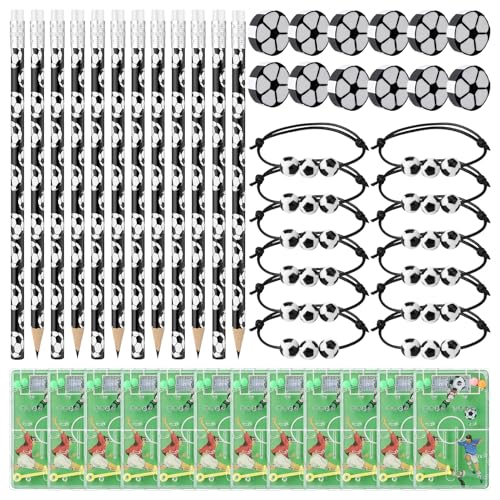 Kaisibum 48 Stück Fußball Mitgebsel Jungen Satz mit 12 Fußball Bleistiften, 12 Radiergummis, 12 Armbanden und 12 Fußballspielzeugen für Fußballfans und Kinder von Kaisibum