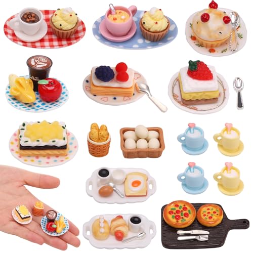 Kaisibum 50 Stücke Miniatur Essen und Trinken, Miniatur Deko Harz Puppenhaus Zubehör Miniatur Lebensmittel Set, Mini Küche Kleine Puppenzubehör Spielgeschirr von Kaisibum