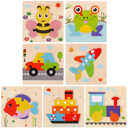 Kaisibum 7 Stück Holzpuzzle Kinder, Holzpuzzle Holzspielzeug ab 3 Jahre, Steckpuzzle Montessori Spielzeug Karikatur Lernspielzeug Pädagogisches Puzzle für Junge,Mädchen von Kaisibum