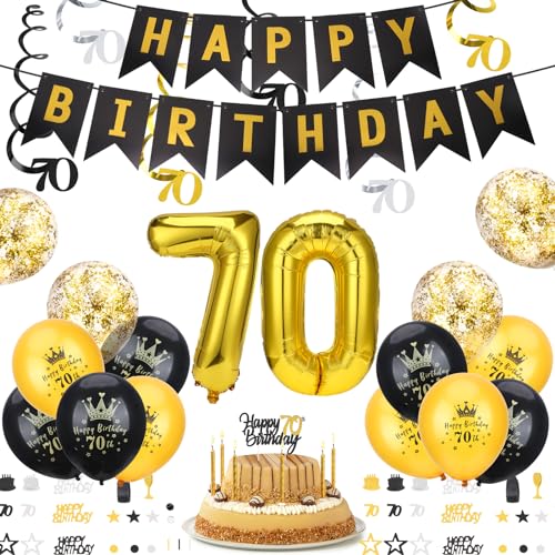 Kaisibum 70 Geburtstag Deko Schwarz Gold, Deko 70 Geburtstag Mann Frau, Luftballons 70 Geburtstag Happy Birthday Girlande Folienballon Zahl 70 Konfetti Geburtstag Hängend Wirbel Dekoration von Kaisibum