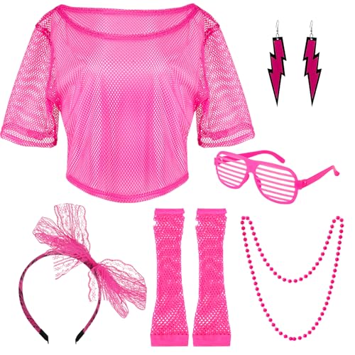 Kaisibum 80er Jahre Outfit Damen Set, 90er 80er Jahre Accessoires Jahre Workout Kostüm mit 80er Neon Netz Shirt Netzhandschuhe Stirnband Brille Ohrringe Halskette für Retro Party Outfit Party von Kaisibum