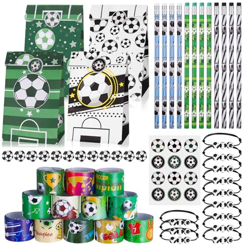 Kaisibum Fussball Mitgebsel Jungen Set,60 Stück Fußball Party Mitgebsel Kinder mit 12 Fußball Bleistift 12 Schnapparmband 12 Fussball Radiergummi 12 Fußball Armband 12 Papiertüten von Kaisibum