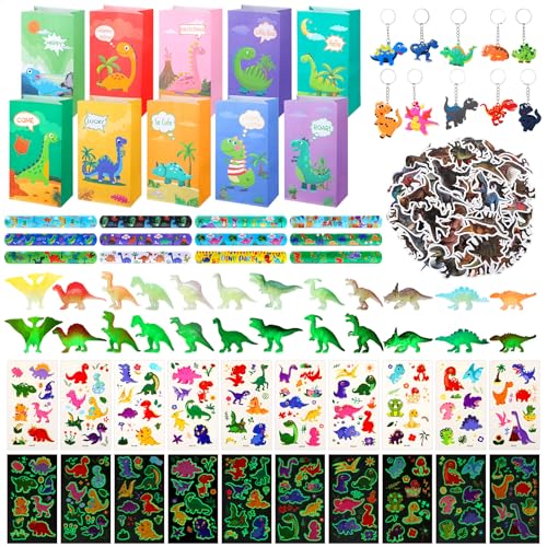 Kaisibum Kindergeburtstag Mitgebsel Set, 104 stück Party Dino Mitgebsel Kindergeburtstag, Give Aways Dino Schlüsselanhänger Schnapparmband Geschenktüte Dinos Figuren und Tattoo Aufkleber für Kinder von Kaisibum