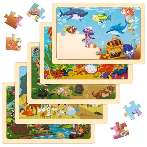 Kaisibum Wooderma Tiere Puzzle, 5x24 Teilen Kinder Tier Holzpuzzle ab 3 4 5 Jahre, Kinderpuzzle Holzpuzzle Kinderspielzeug Vorschule Lehrreiches Spielzeug für Mädchen Jungen von Kaisibum