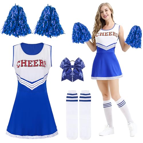 Cheerleader Kostüm Damen, Cheerleader Outfit Cheerleader Kostüm mit Cheerleader Pompons und Socken, Superstar Cheerleader Costume für Karneval Kostüm Damen und Partei von Kakamanon