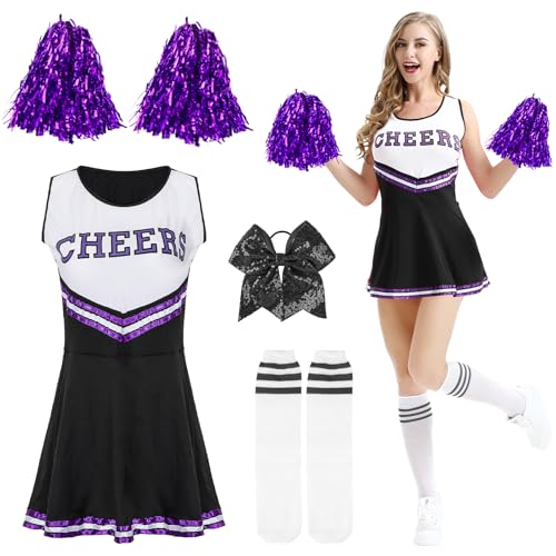 Cheerleader Kostüm Damen, Cheerleader Outfit Cheerleader Kostüm mit Cheerleader Pompons und Socken, Superstar Cheerleader Costume für Karneval Kostüm Damen und Partei von Kakamanon