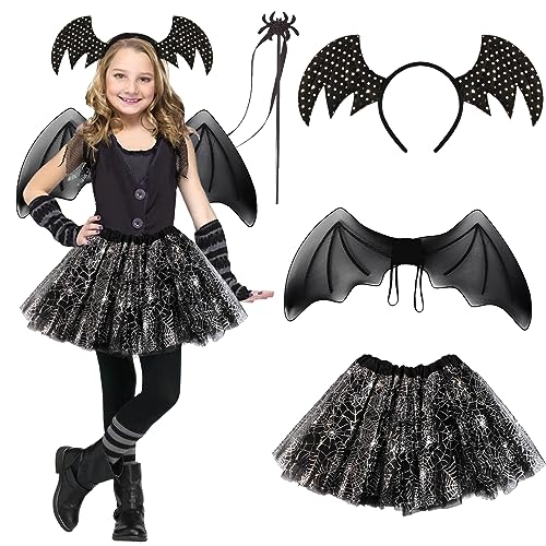 Fledermaus Kostüm Kinder Mädchen, Faschingskostüme Kinder Fledermaus Flügel Haarreif Tütü Schwarz Magic Stick Halloween Kostüm Kinder Spinne Karneval Kostüm für Mädchen Themenparty Cosplay von Kakamanon