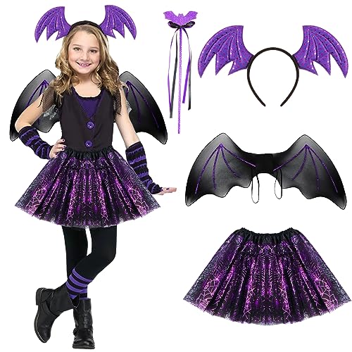 Fledermaus Kostüm Kinder Mädchen, Faschingskostüme Kinder Fledermaus Flügel Haarreif Tütü Schwarz Magic Stick Halloween Kostüm Kinder Spinne Karneval Kostüm für Mädchen Themenparty Cosplay von Kakamanon