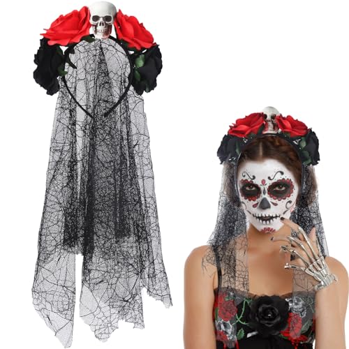 Halloween Tag der Toten Haarreif und Schleier, Halloween Kopfschmuck Rosen Totenkopf deko Dia de los Muertos Haarreif Tag der Toten Gesicht Tatto Karneval Fasching Halloween Damen Kostüm Accessoires von Kakamanon