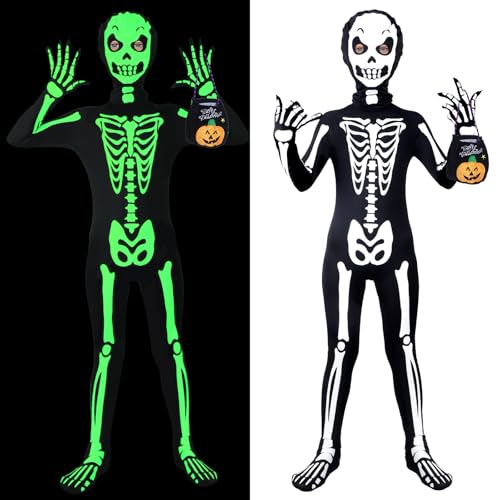 Skelett Kostüm Kinder, Halloween Kostüm Kinder Leuchtend im Dunkeln Schwarz Skelebones Jumpsuit Kürbisbeutel Separate Kapuze Skelett Kostüm für Junge Cosplay Dress Up Party 5 6 7 8 9 10 11 12 13 14 von Kakamanon