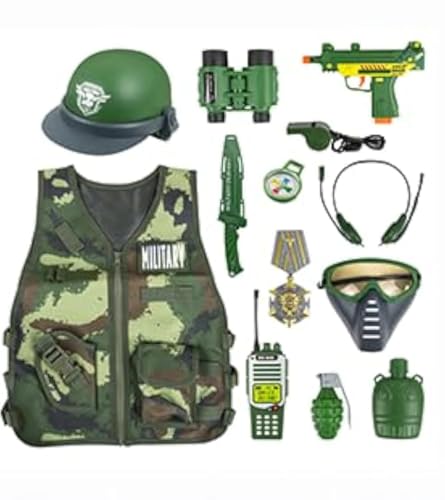 KalaDuck Armee Spielzeug für Kinder, Kinder Militär Kostüm Weste Outfit mit Helm und Militär Spielzeug Zubehör, Soldaten Karneval Halloween Kostüme Rollenspiel Spielset für Jungen Mädchen von KalaDuck