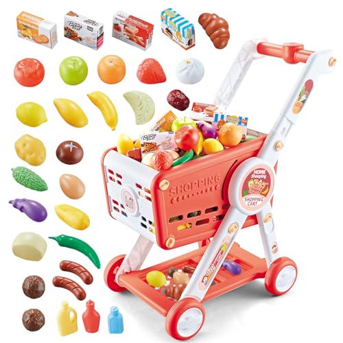 KalaDuck Einkaufswagen für Kinder, 31PCS Supermarkt Einkaufswagen Spielzeug mit Obst Gemüse Kaufladen Zubehör, Rollenspiel Lebensmittel Einkaufskorb Kaufmannsladen Spiele für Jungen Mädchen (Rot) von KalaDuck