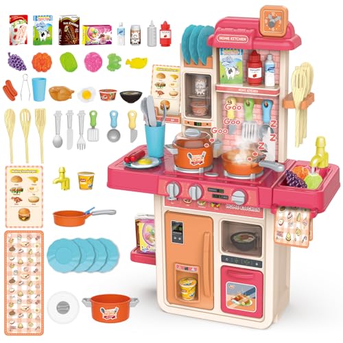 KalaDuck Kinderküche Spielzeug, 42Stück Spielküche Kinder mit Wasserfunktion, Dampf, Topfset, Backofen und Kinderküche Zubehör, Rollenspiel Küchenset Kochen Weihnachten Geschenk Jungen Mädchen (Rosa) von KalaDuck