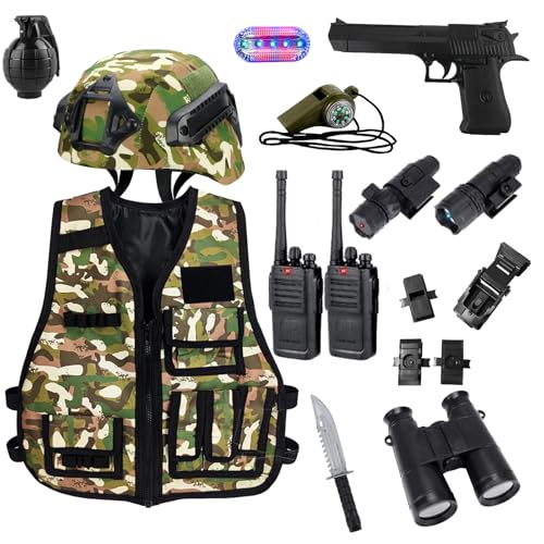 KalaDuck Militär Kostüm Kinder, 12Stück Militär Ausrüstung Spielzeug mit Airsoft Taktischer Helm, Militär Weste, Walkie-Talkie, Rollenspiel Halloween Armee Soldaten Tarnanzug für Jungen Mädchen von KalaDuck