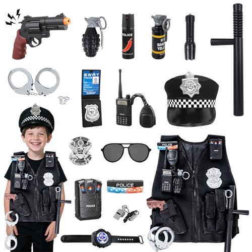 KalaDuck Polizei Kostüm Kinder 3 Jahre, 17Stück Polizei Zubehör Ausrüstung mit Mütze, Swat Weste, Handschellen Kinder, Rollenspiel Swat Karneval Faschingskostüme Spiel für Jungen Mädchen KalaDuck Polizei Kostüm Kinder 3 Jahre, 17Stück Polizei Zubehör Ausrüstung mit Mütze, Swat Weste, Handschellen Kinder, Rollenspiel Swat Karneval Faschingskostüme Spiel für Jungen Mädchen von KalaDuck