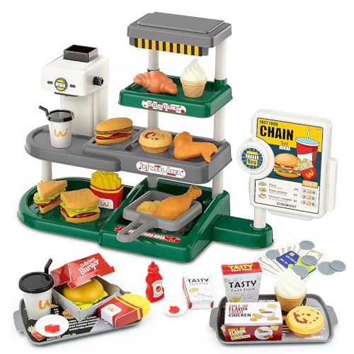 KalaDuck Registrierkasse Kinder mit Geräusch, Rollenspiel Restaurant mit Kaffeemaschine, Hamburger Spielzeug, Spielgeld und Lebensmittel Zubehör, Fast Food Einkaufsladen Geschenke für Jungen Mädchen von KalaDuck