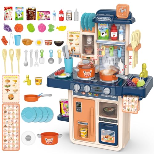 KalaDuck Spielküche Kinder, 42Stück Kinderküche Spielzeug mit Wasserfunktion, Dampf, Topfset, Backofen und Spielküche Zubehör, Rollenspiel Küchenset Kochen Weihnachten Geschenk Jungen Mädchen (Blau) von KalaDuck