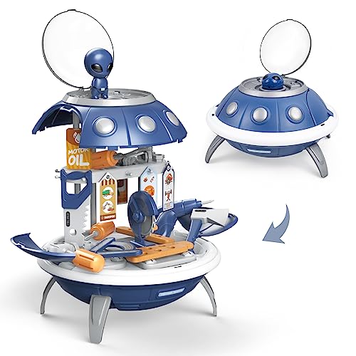 KalaDuck UFO Kinder Werkzeug Spielzeug, Weltraum Werkbank Spielzeug mit Planeten und Außerirdische, 52PCS Rollenspiel Rucksack Raumschiff Werkzeugbank Reparaturwerkstatt Geschenk für Jungen Mädchen von KalaDuck