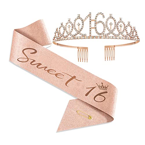 16. Geburtstag Sash und Tiara Strassstein Geburtstag Tiara Geschenke für Frauen Mädchen Halloween Dekorationen Party Lieferungen Rose Gold Nummer 16 Prinzessin Tiara von Kalastussaari