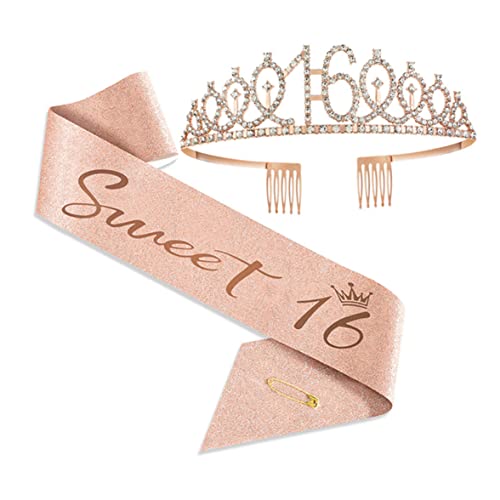 16. Geburtstag Schärpe und Tiara Strassstein Geburtstag Tiara Geschenke für Frauen Mädchen Halloween Dekorationen Partyzubehör Roségold Nummer 16 Geburtstag Schärpe von Kalastussaari