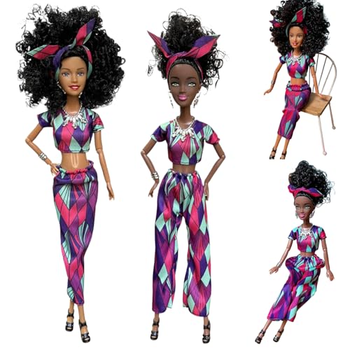 2 PCs schwarze Puppen, mehrgelbte erwachsene Frauen realistische afroamerikanische Puppe mit abnehmbarem Rock und Hosen, 12,6 in Modepuppe mit gekräuselten schwarzen Haaren für Mädchen, Puppe von Kalastussaari