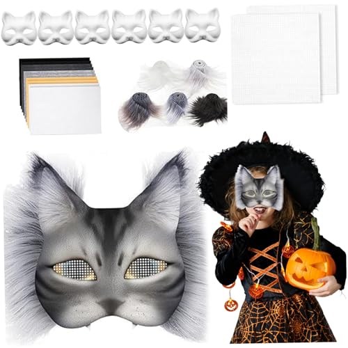 DIY Therian Mask Kit, 18pcs leere Katzenmaske mit Masken, Haaren und Mesh, Tiermask Arts Crafts Kit, Kostümmasken für Halloween Masquerade Cosplay Party Interaction von Kalastussaari