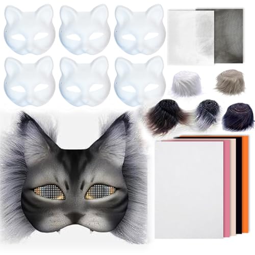 DIY Therian Mask Kit, 23pcs leere Katzenmaske mit Masken, Haaren und Mesh, Tiermask Arts Crafts Kit, Kostümmasken für Halloween Masquerade Cosplay Party Interaction von Kalastussaari