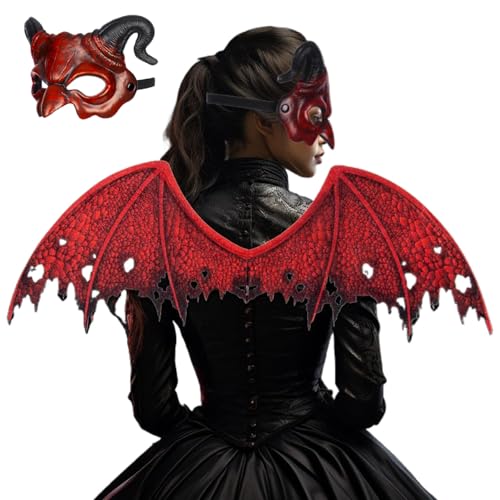 Dämonmaske für Frauen, Red Devil Kostüm mit Halbgesicht Dragon Mask & Dragon Wing, gruselige Halloween -Maske für Cosplay -Maskerade -Kostüm -Party -Accessoires, Red Demon Mask von Kalastussaari