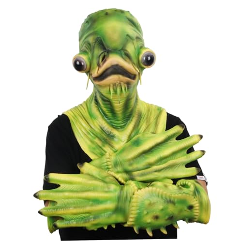 Halloween -Masken Halloween Catfish Green Full Head Fischmaske mit 1 Paar Handschuhen Latexfischkostüm für Erwachsene mit atmungsaktiven Löchern für Karnevalsparty Tier Cosplay Prop Alien Maske von Kalastussaari