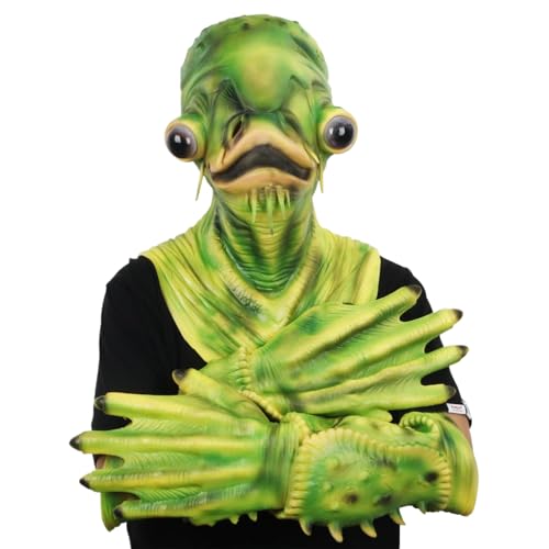 Halloween -Masken Halloween Catfish Green Full Head Fischmaske mit 1 Paar Handschuhen Latexfischkostüm für Erwachsene mit atmungsaktiven Löchern für Karnevalsparty Tier Cosplay Prop Fischmaske von Kalastussaari