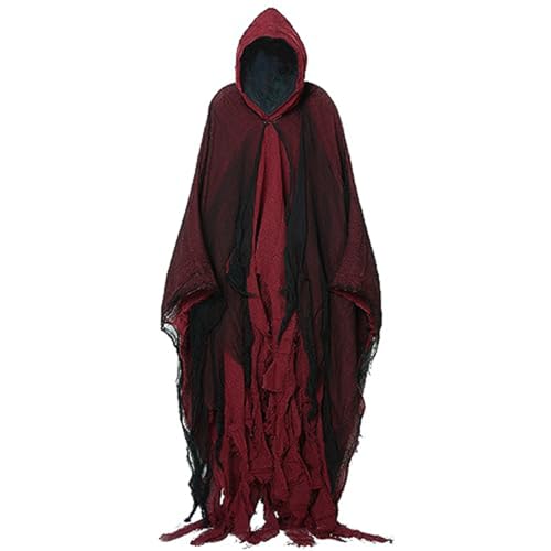 Hooked Cloak Scary Halloween Shabby Lag Cloak mit schwarzem Tüll für Männer, Frauen Vintage mittelalterliche Renaissance -Umhang mit Kapuze für Cosplay, Kostüm, Bühne, Filmpropie (rot) Umhang von Kalastussaari