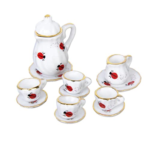 Kalastussaari 1/12 Miniaturporzellan Tee -Set, 15pcs Puppe Housedining Ware Porzellan Tee Set Dish Tasse Teller Ladybug -Druck von Kalastussaari