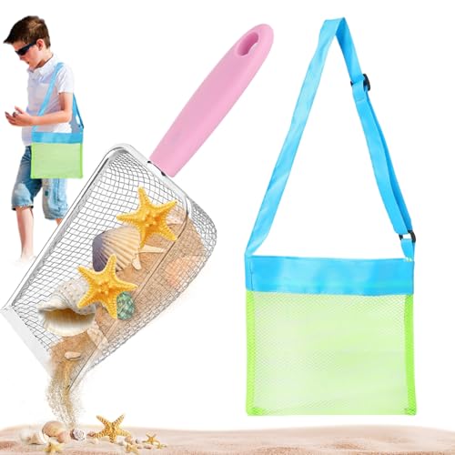 Kalastussaari 2 PCs/Set Sandsifter und Musterbeutel Edelstahl -Sandschaufel -Mesh -Strandbeutel mit verstellbarem Riemen für Kinder für Muscheln, die Felsenjagd aufnehmen, die Muschelbeutel abholen von Kalastussaari